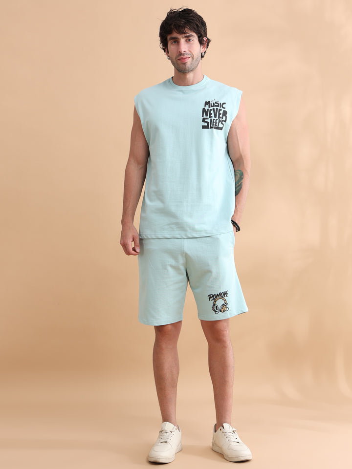 Light Blue Printed Oversized Sleeveless Co-Ords Oversize Co-ords Bushirt