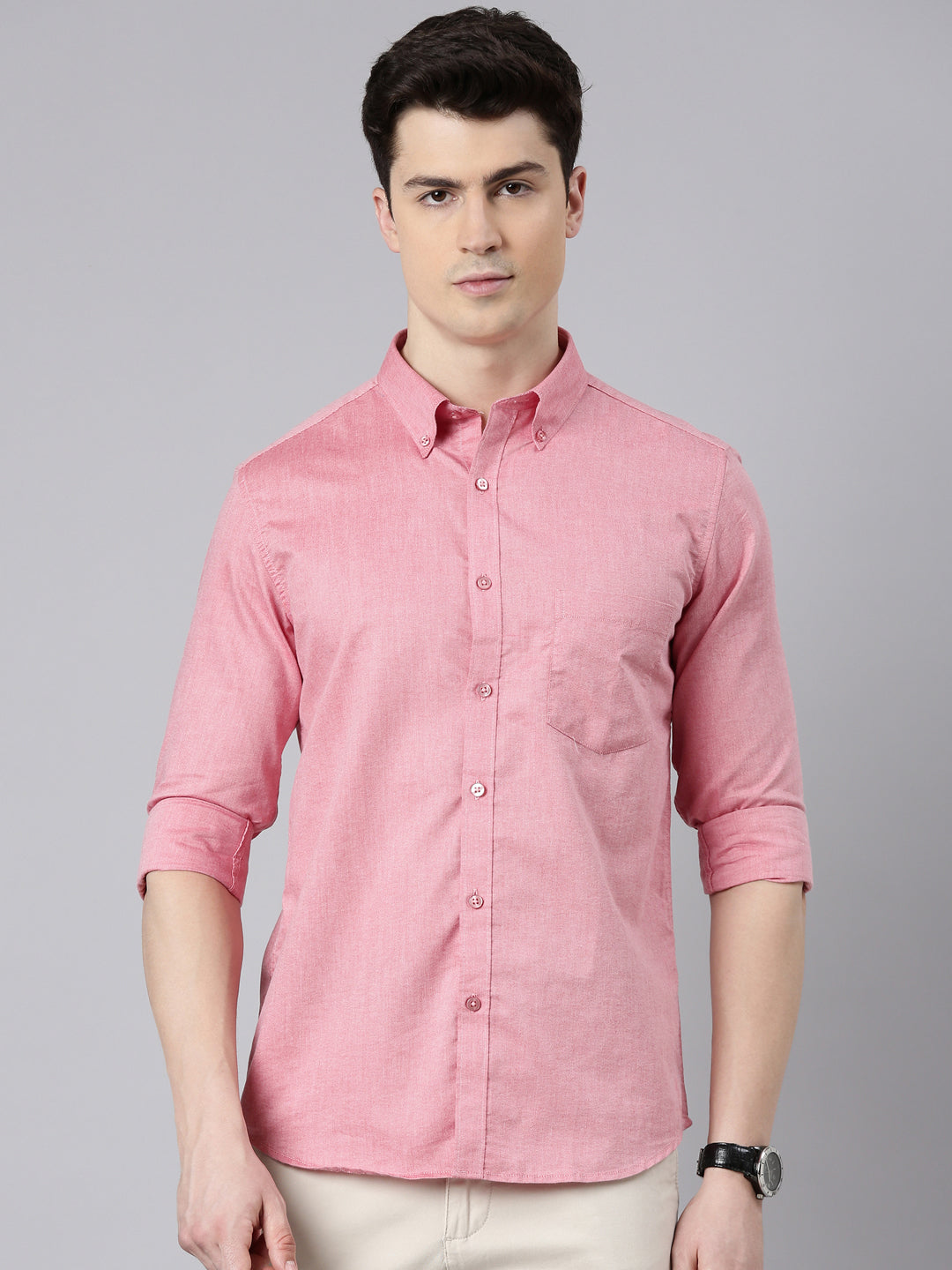 New York Pink Button down Solid Shirt Solid Shirt Bushirt   