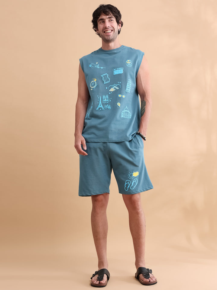 Stardust Blue Printed Oversized Sleeveless Co-Ords Oversize Co-ords Bushirt