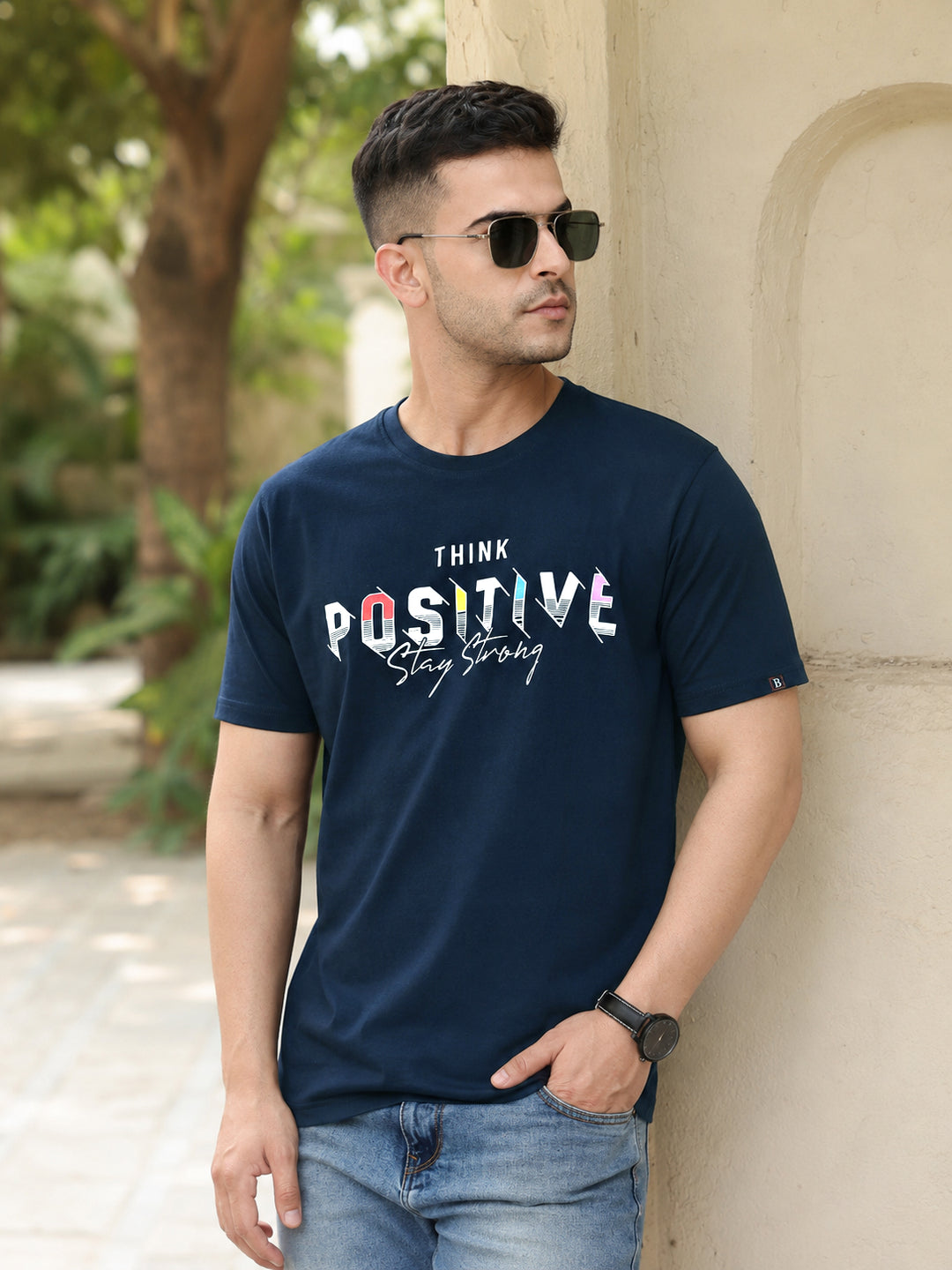 Think Positive Navy Blue Classic Fit T-Shirt Graphic T-Shirts Bushirt