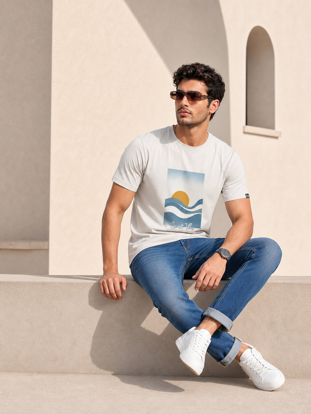 Sunset Vibes White Classic Fit T-Shirt Graphic T-Shirts Bushirt