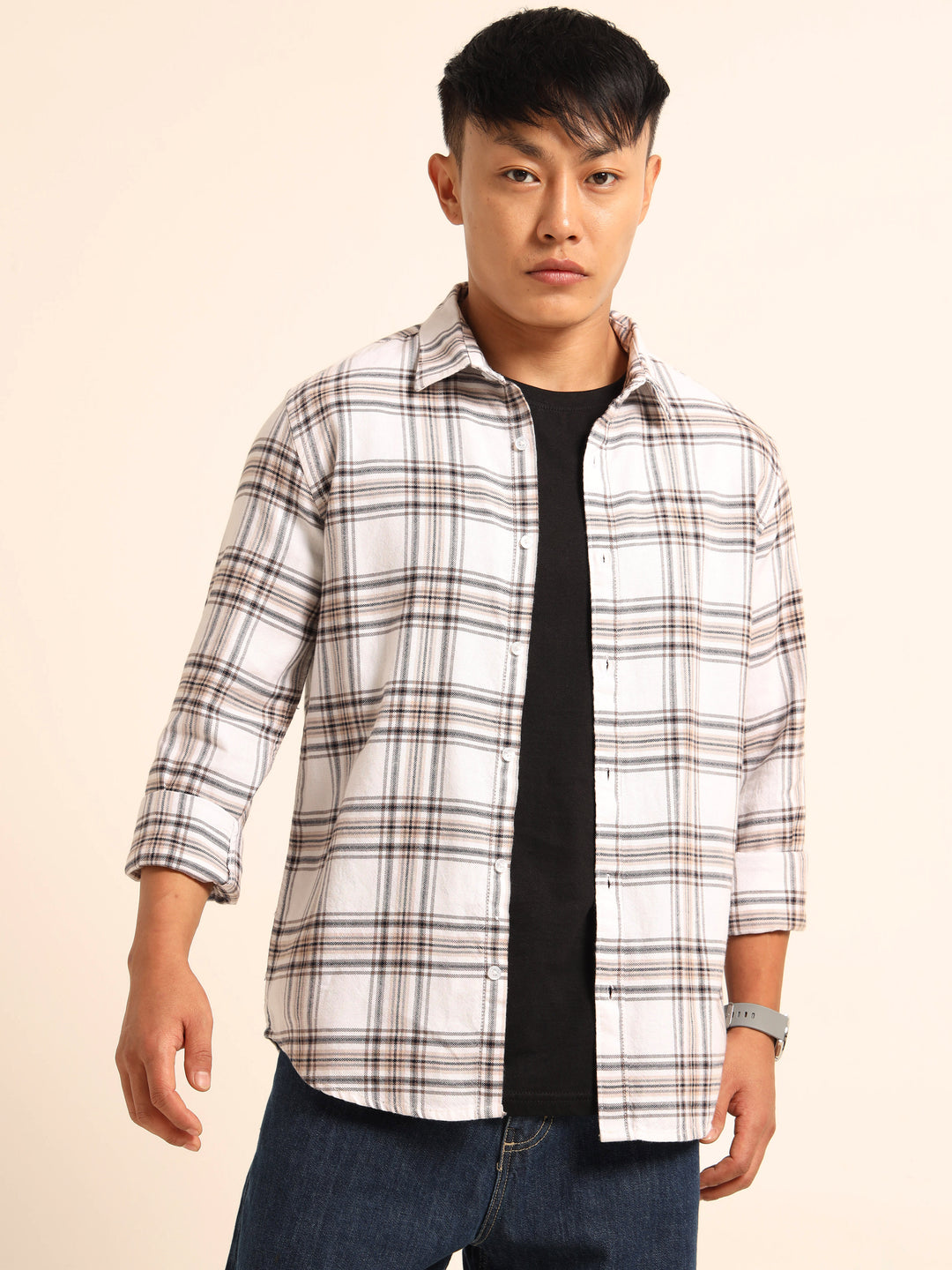 White Regular Fit Check Shirt Checks Shirt Bushirt