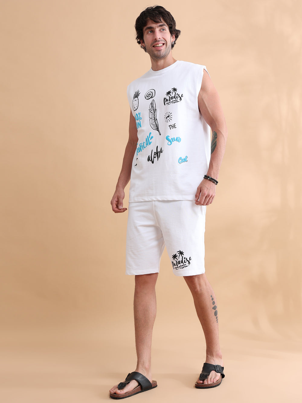 White Printed Oversized Sleeveless Co-Ords Oversize Co-ords Bushirt