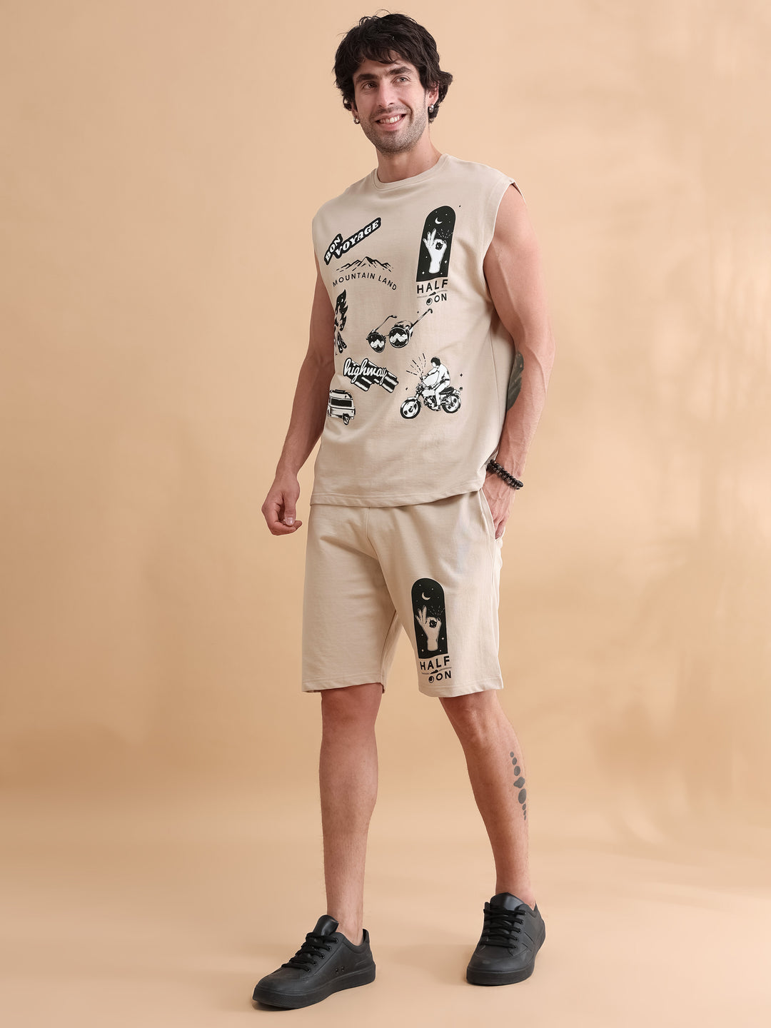 Beige Printed Oversized Sleeveless Co-Ords Oversize Co-ords Bushirt