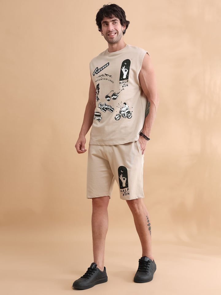 Beige Printed Oversized Sleeveless Co-Ords Oversize Co-ords Bushirt