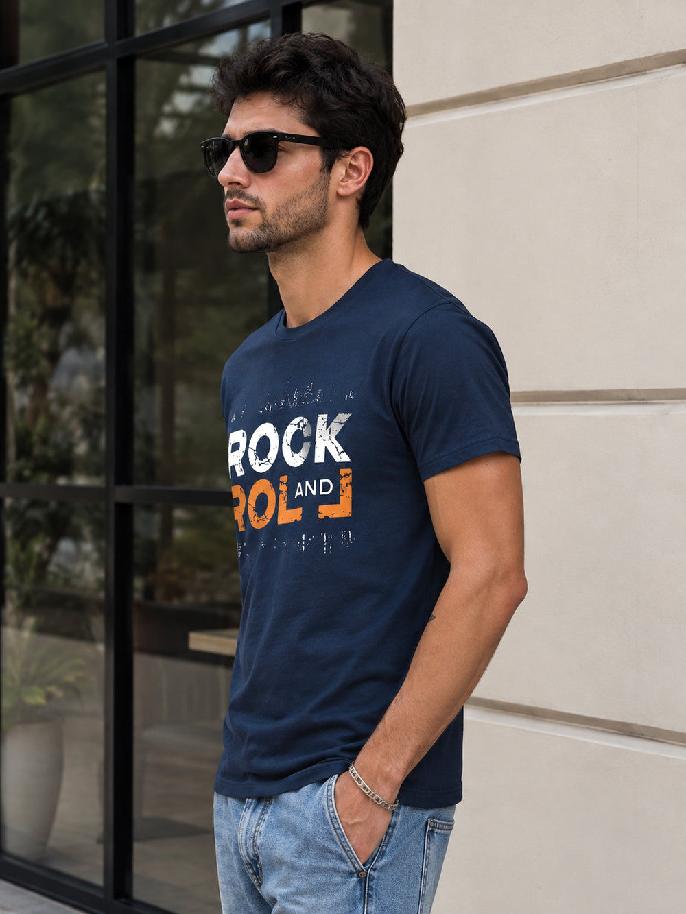 Rock & Roll Navy Blue Classic Fit T-Shirt Graphic T-Shirts Bushirt