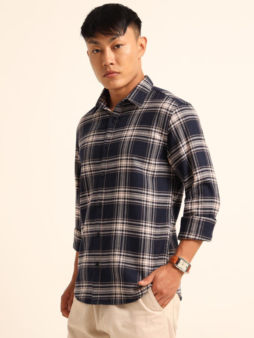Navy Blue Regular Fit Check Shirt Checks Shirt Bushirt