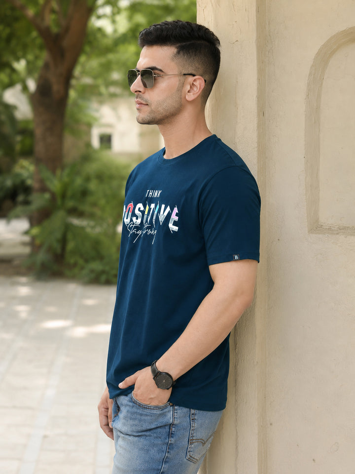 Think Positive Navy Blue Classic Fit T-Shirt Graphic T-Shirts Bushirt
