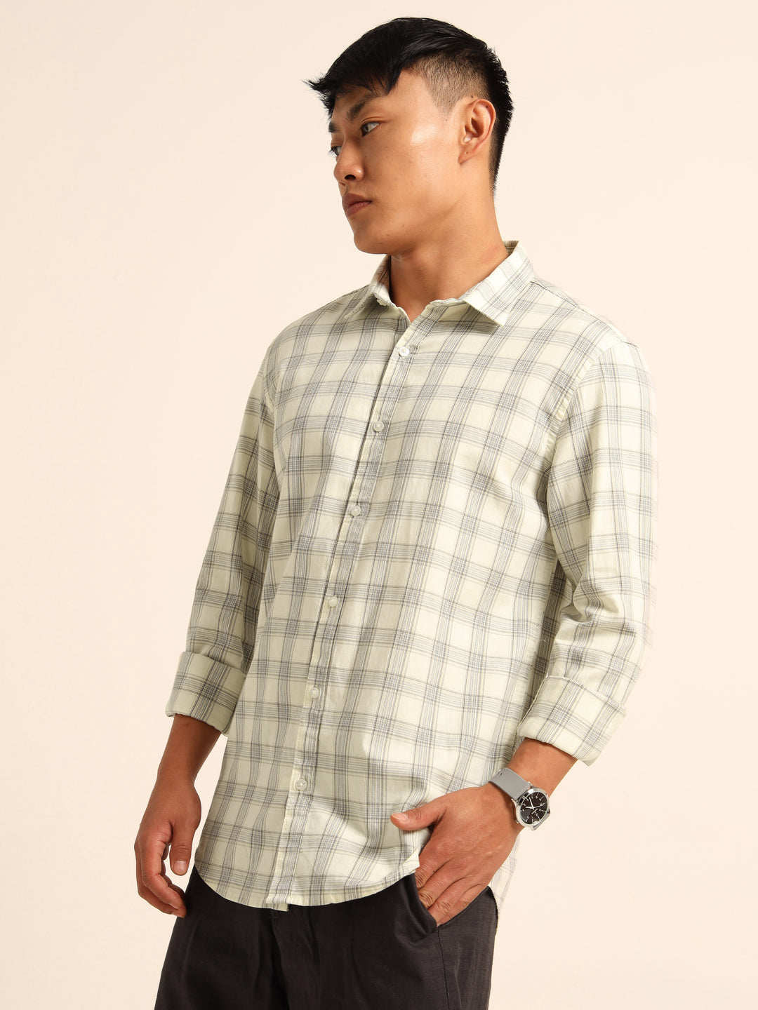 Ivory Regular Fit Check Shirt Checks Shirt Bushirt