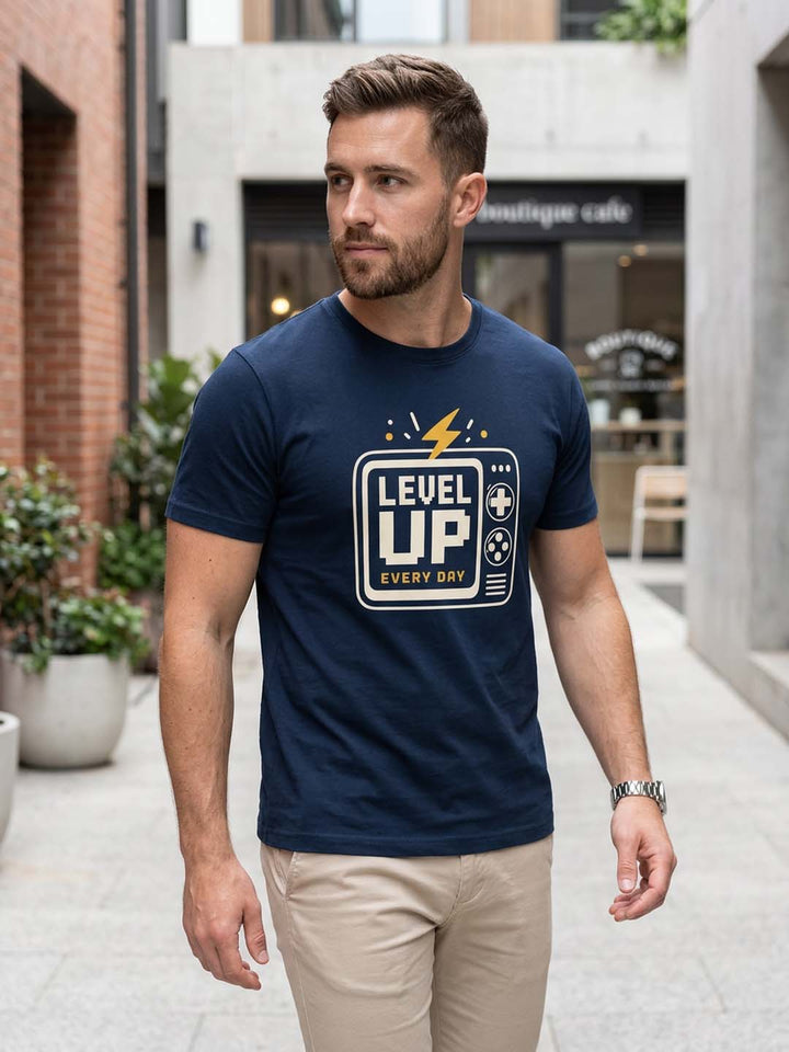 Level Up Navy Blue Classic Fit T-Shirt