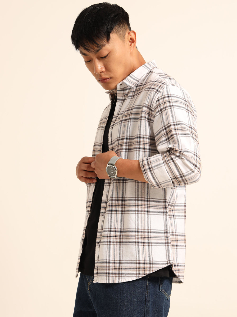 White Regular Fit Check Shirt Checks Shirt Bushirt