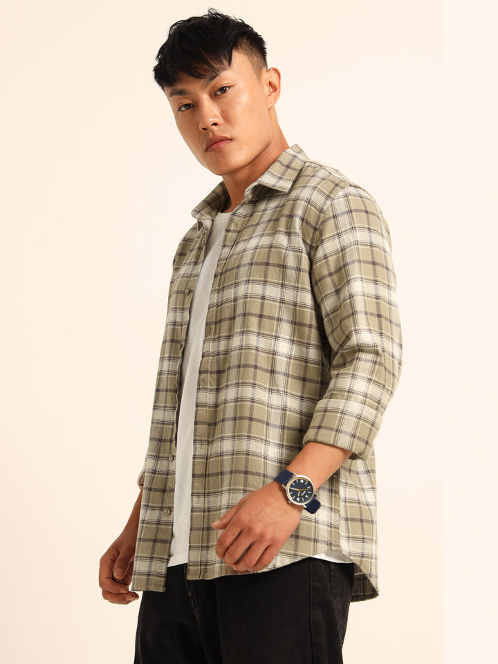 Beige Regular Fit Check Shirt Checks Shirt Bushirt