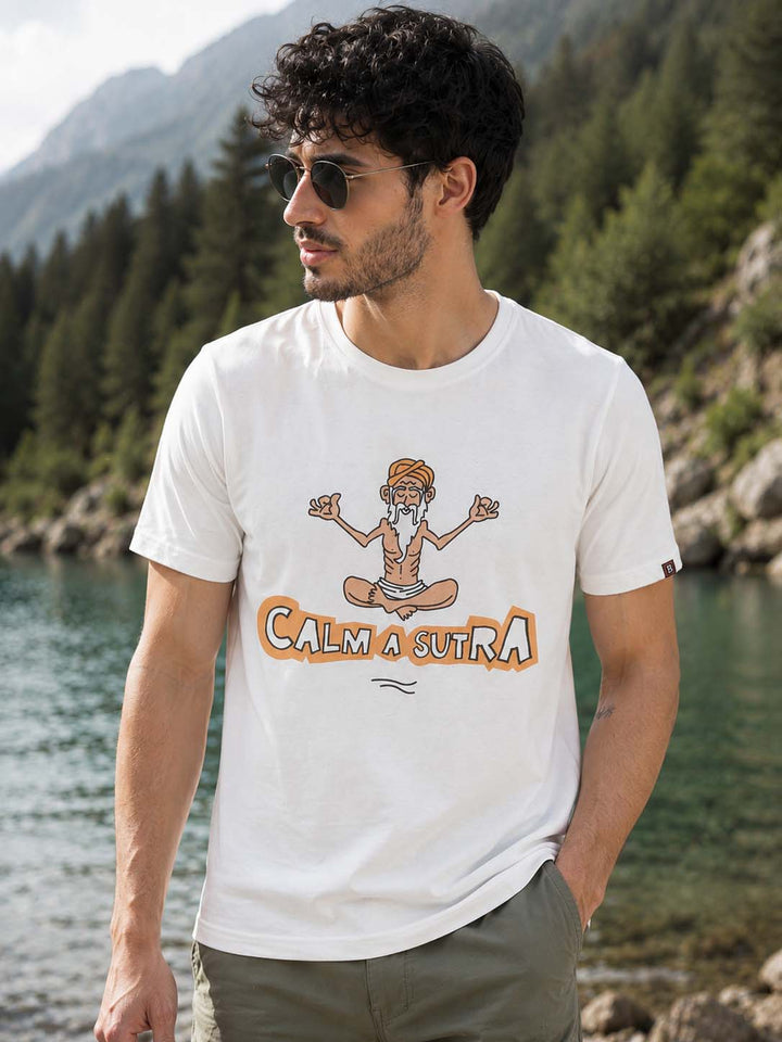 Calm A Sutra White Graphic T-Shirts Bushirt