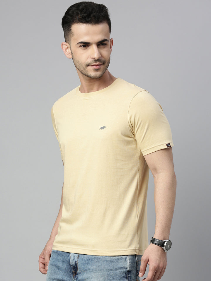 Beige Solid Half Sleeves T-Shirt Plain T-Shirts Bushirt   