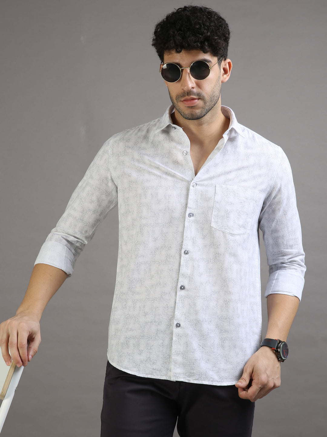 White Grey Printed Shirt Printed Shirt Bushirt   