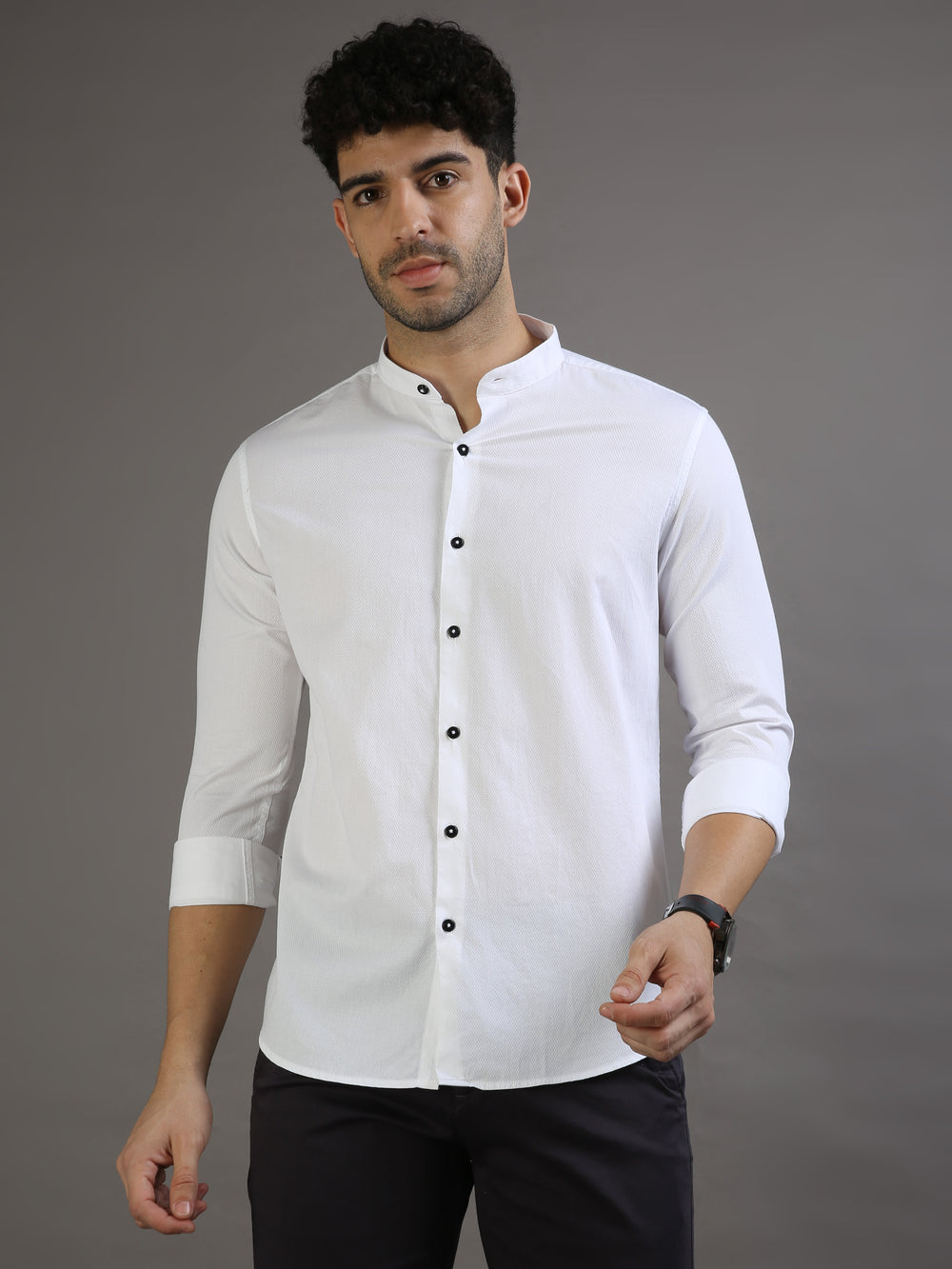 Dobby White Chinese Collar Casual Shirt Solid Shirt Bushirt   