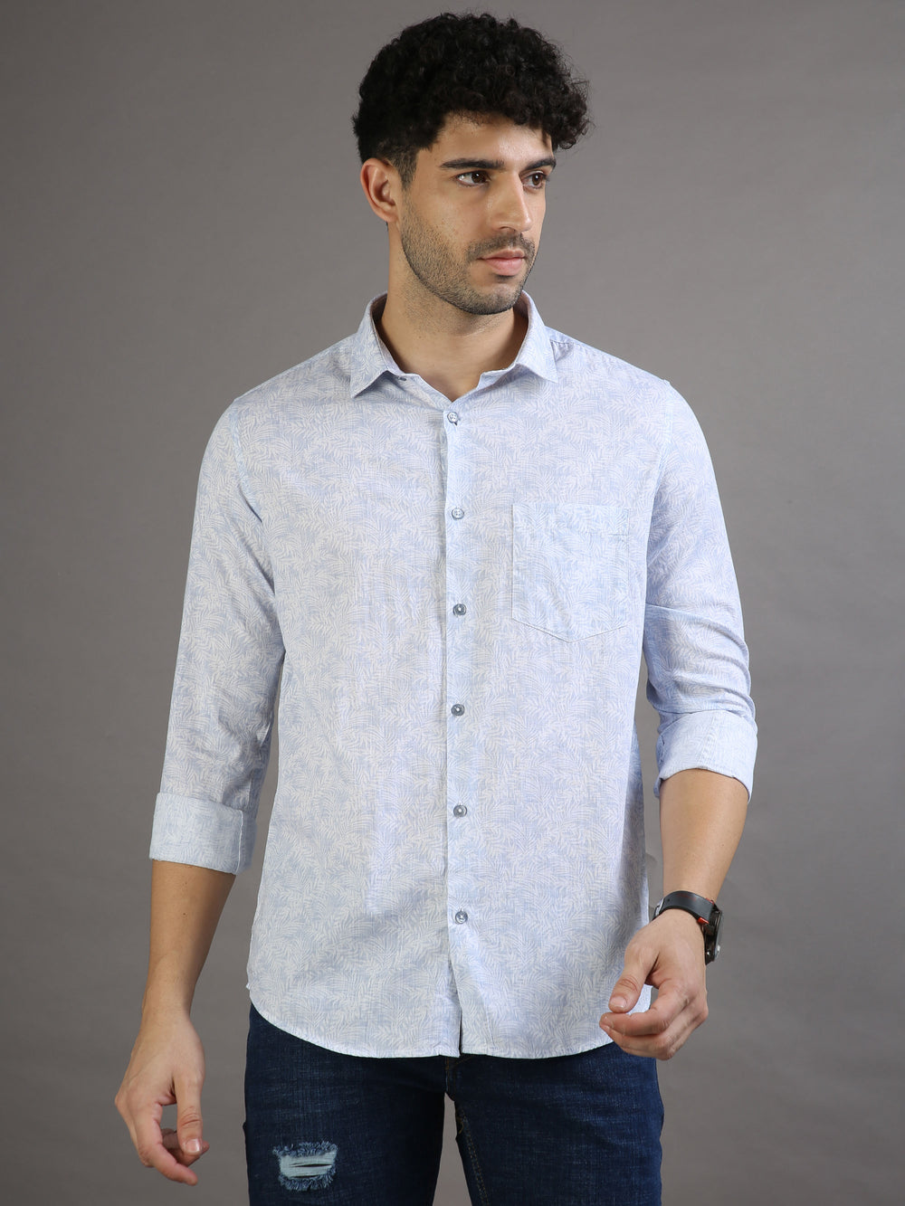 Mini Palm Leaf Lavender Blue Shirt Printed Shirt Bushirt   