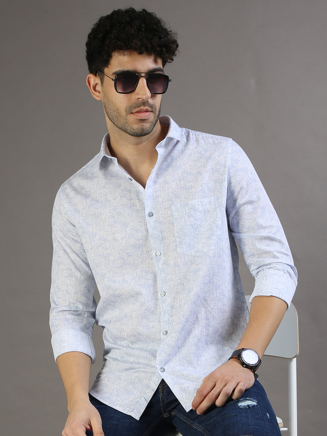 Mini Palm Leaf Lavender Blue Shirt Printed Shirt Bushirt   