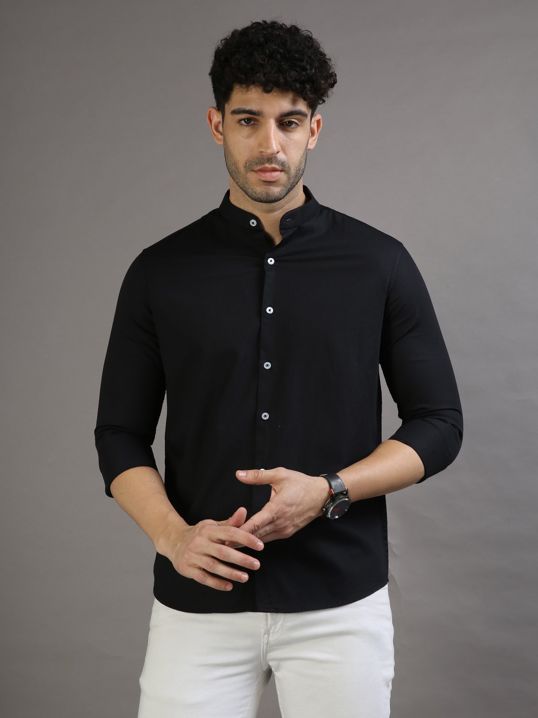 Dobby Black Chinese Collar Casual Shirt Solid Shirt Bushirt   