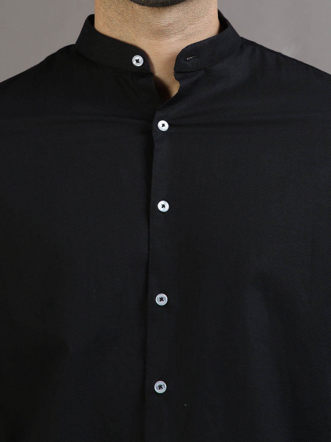 Dobby Black Chinese Collar Casual Shirt Solid Shirt Bushirt   