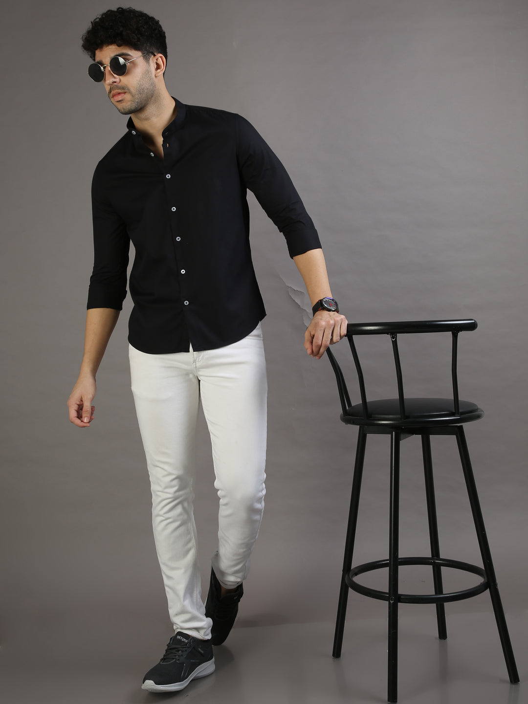 Dobby Black Chinese Collar Casual Shirt Solid Shirt Bushirt   