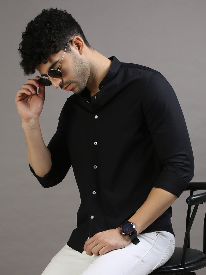 Dobby Black Chinese Collar Casual Shirt Solid Shirt Bushirt   