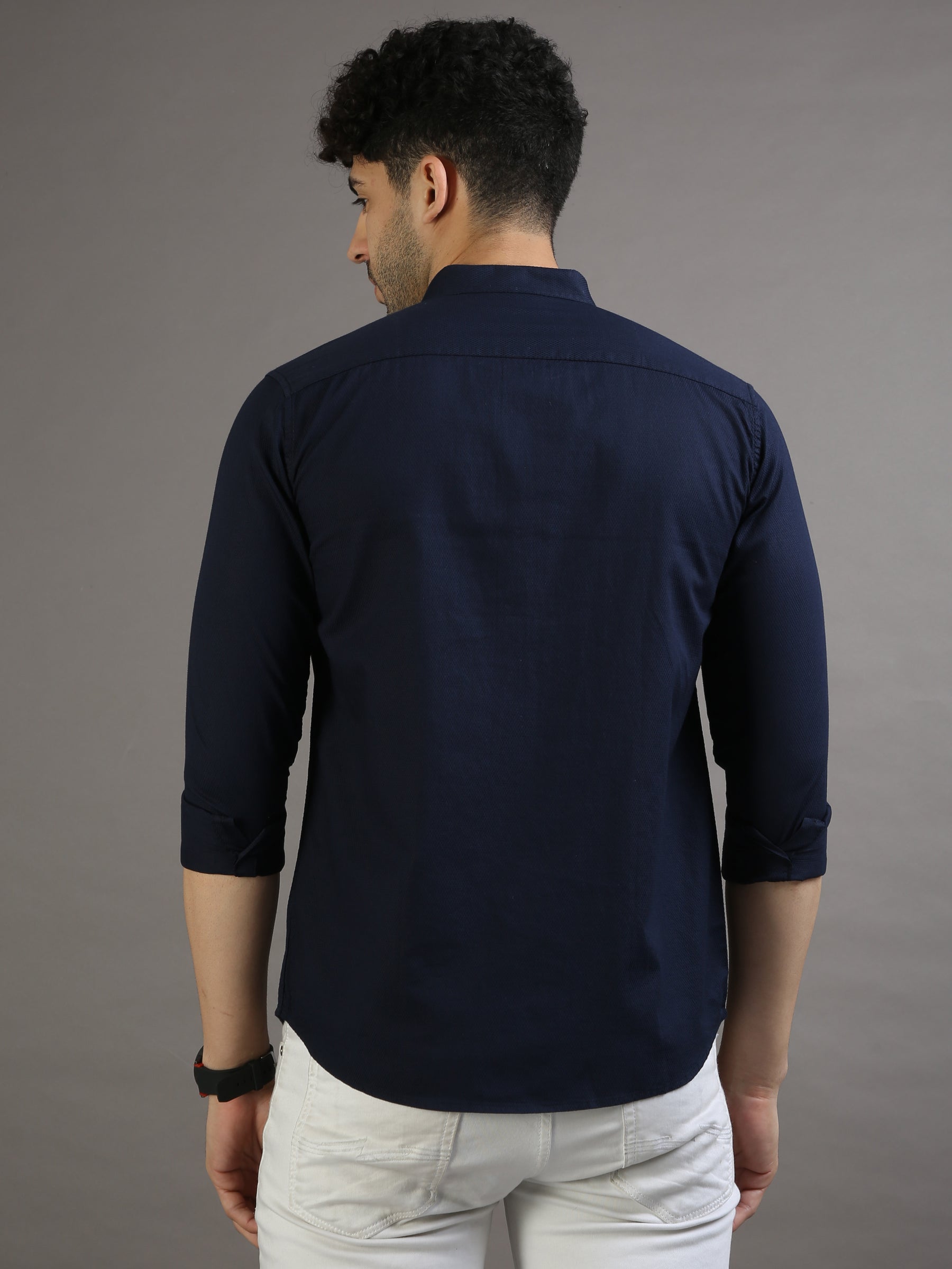 Dobby Navy Blue Chinese Collar Casual Shirt Solid Shirt Bushirt   