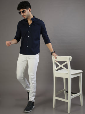 Dobby Navy Blue Chinese Collar Casual Shirt Solid Shirt Bushirt   