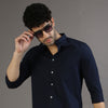 Dobby Navy Blue Chinese Collar Casual Shirt Solid Shirt Bushirt   