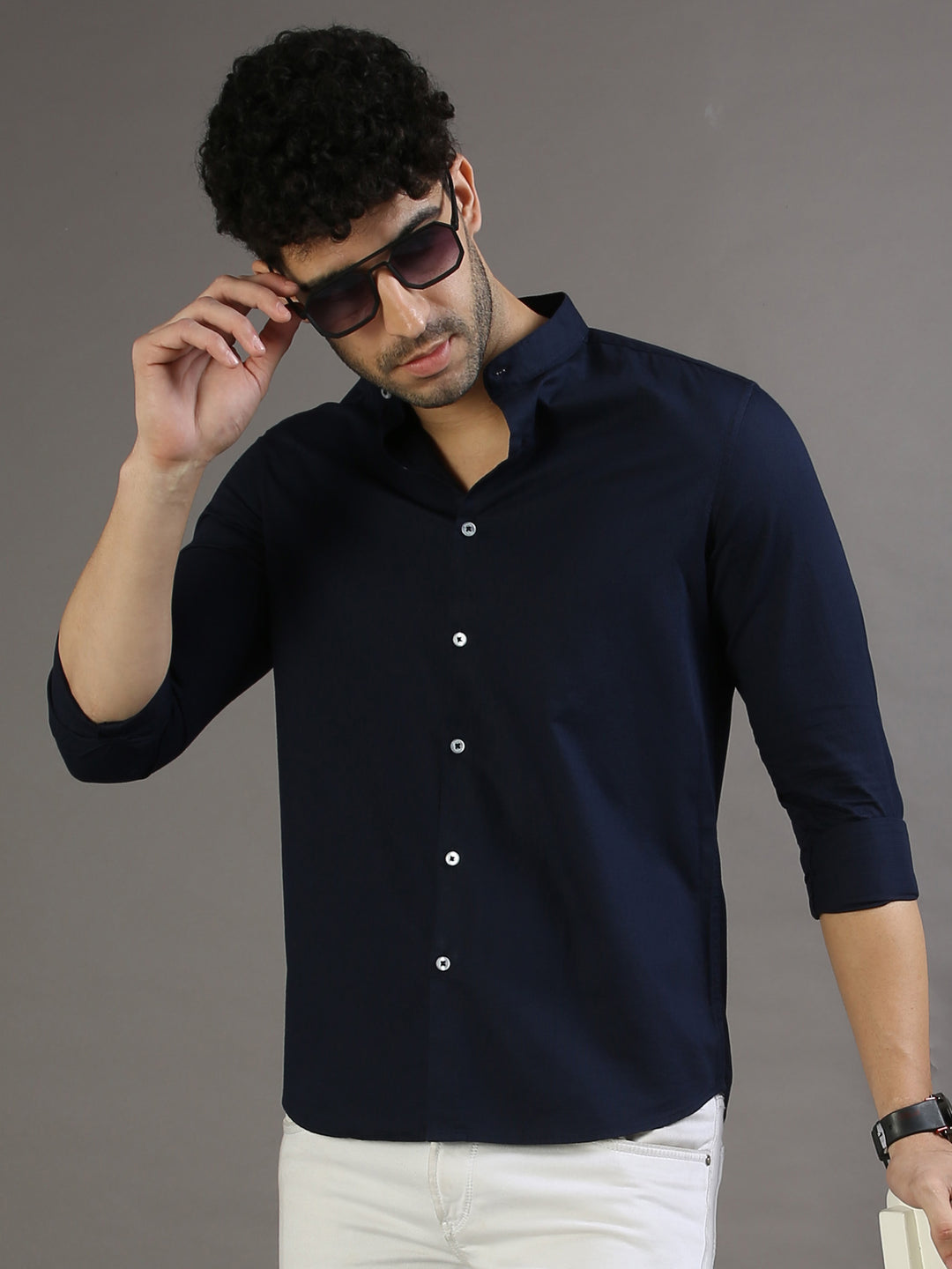 Dobby Navy Blue Chinese Collar Casual Shirt Solid Shirt Bushirt   