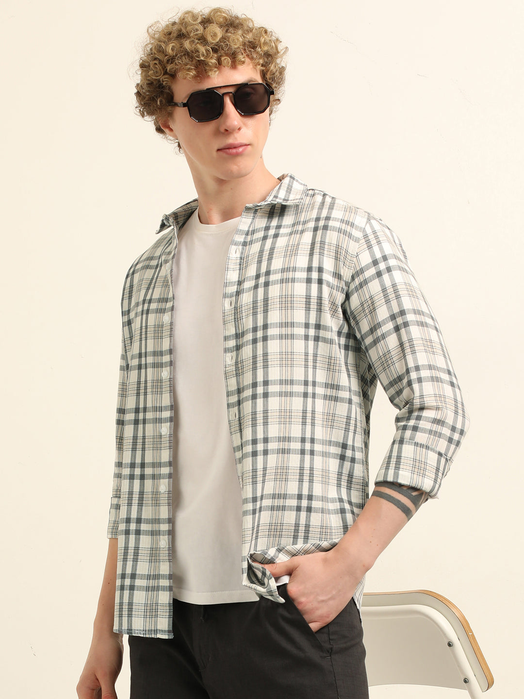 Cream Regular Fit Check Shirt Checks Shirt Bushirt