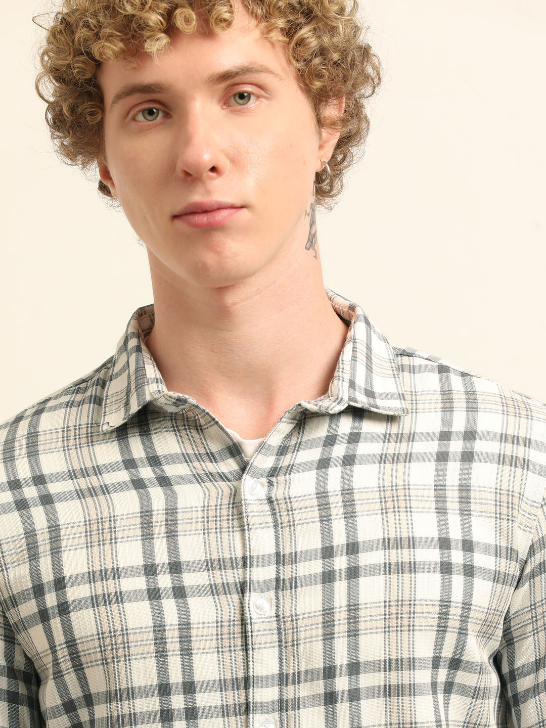 Cream Regular Fit Check Shirt Checks Shirt Bushirt