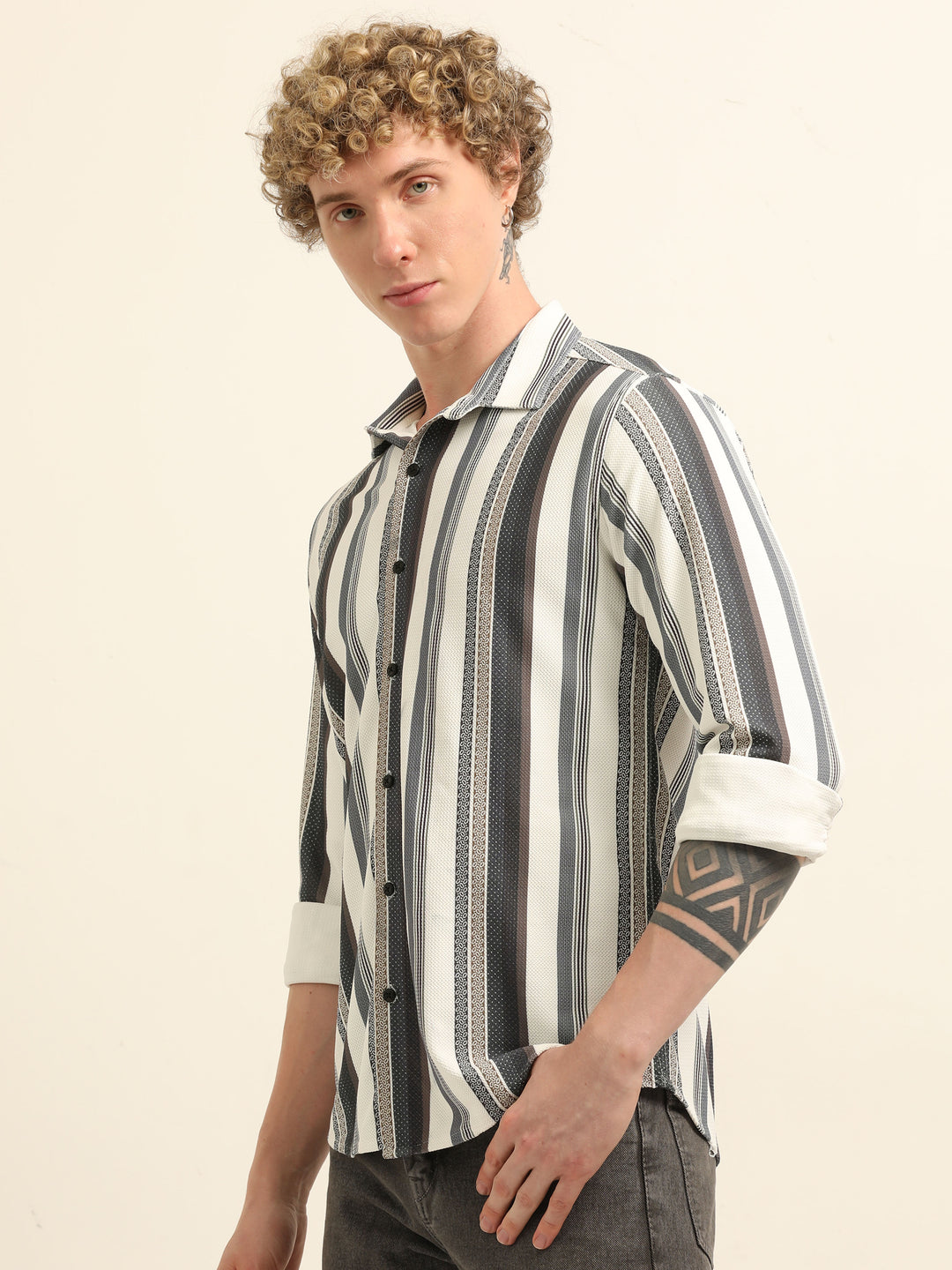 Grey Regular Fit Stripe Shirt