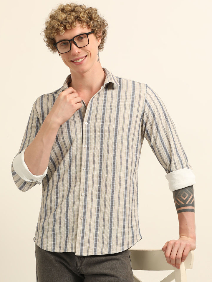 Beige  Regular Fit Stripe Shirt