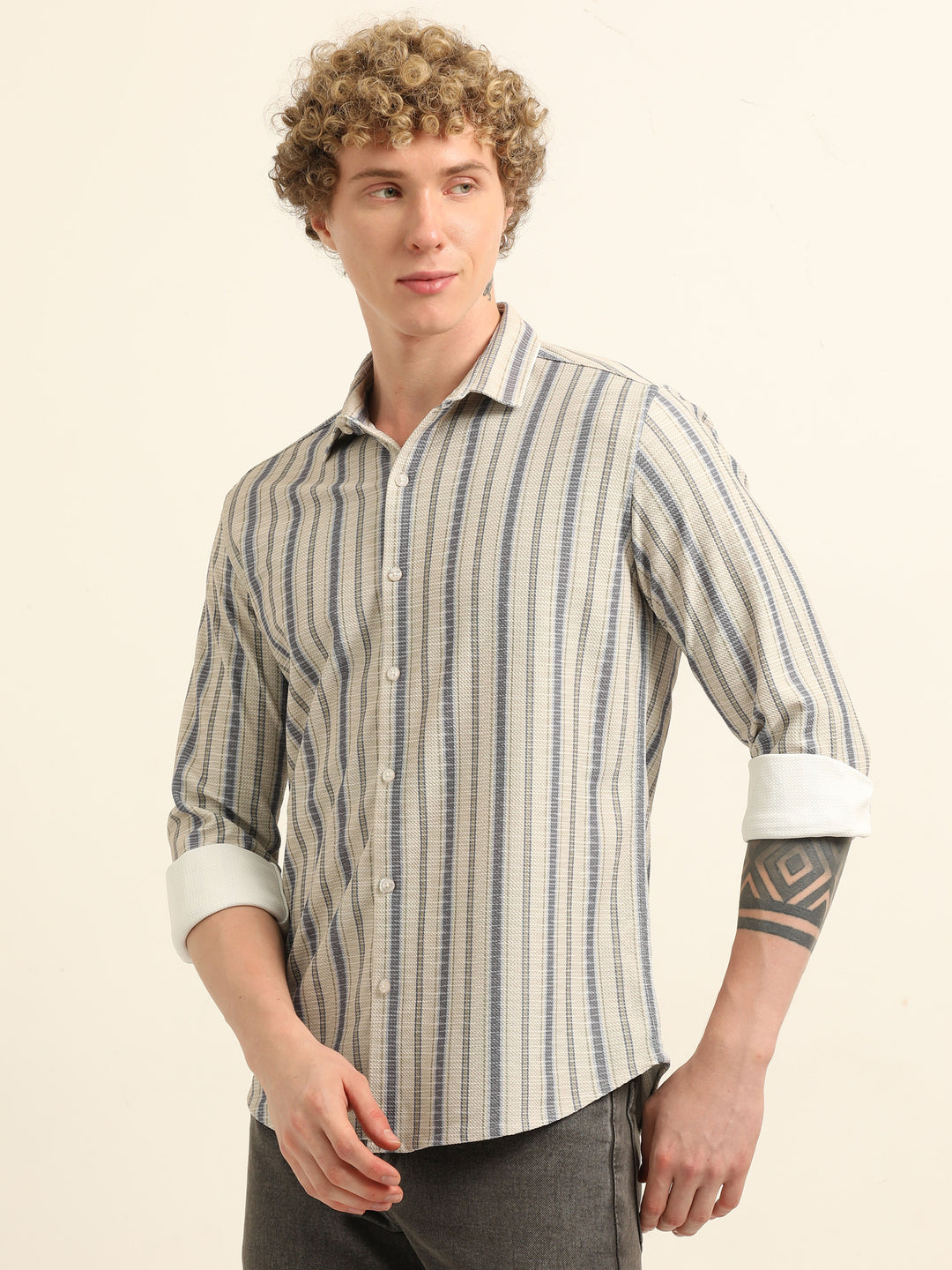 Beige  Regular Fit Stripe Shirt