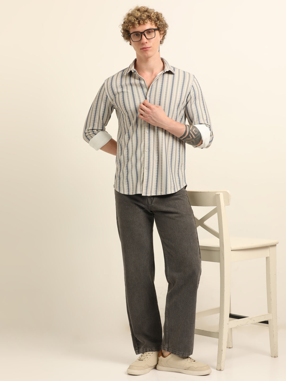 Beige  Regular Fit Stripe Shirt