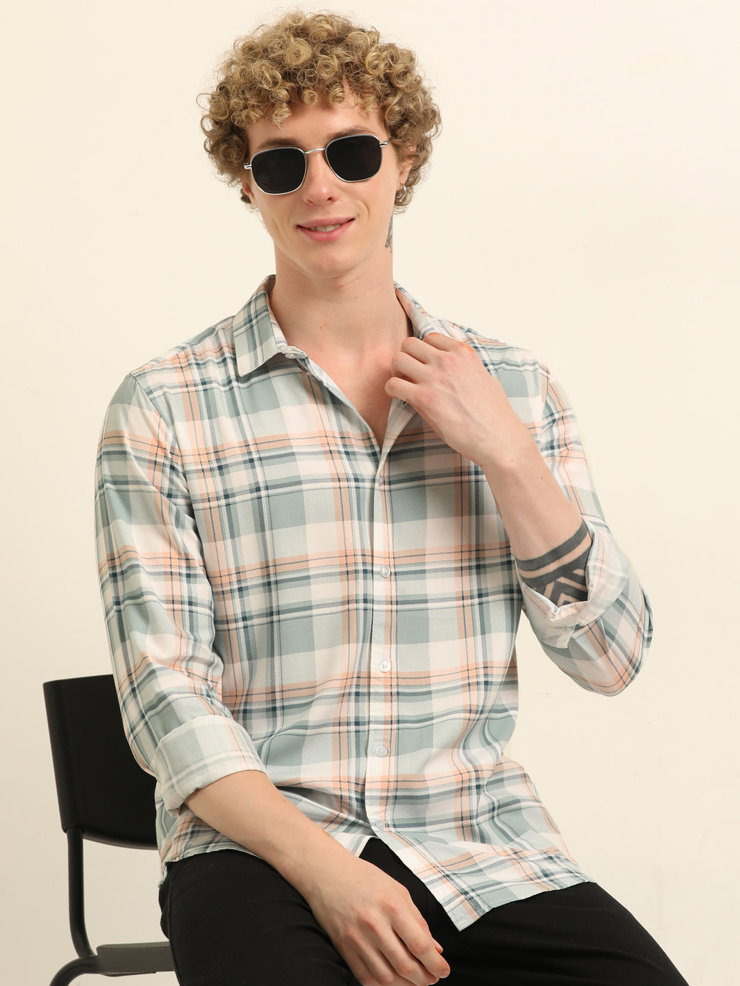 Pastel Green Regular Fit Check Shirt Checks Shirt Bushirt