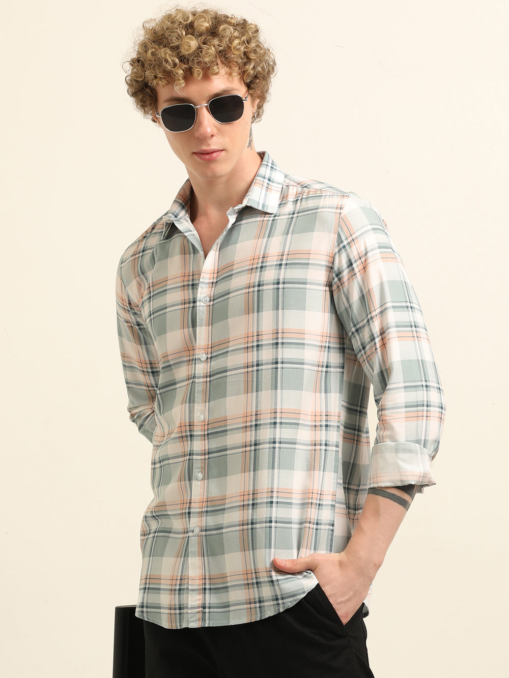 Pastel Green Regular Fit Check Shirt Checks Shirt Bushirt