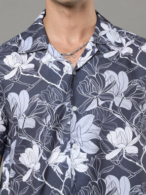Aqua Flower Steel Blue Night Suits Co-Ords Bushirt   