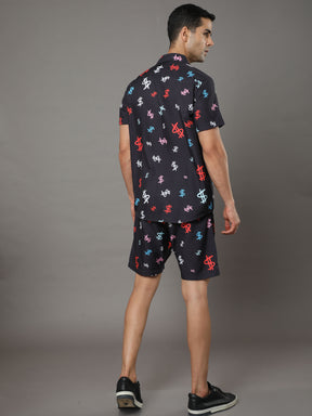 Black Printed Night Suits Co-Ords Bushirt   