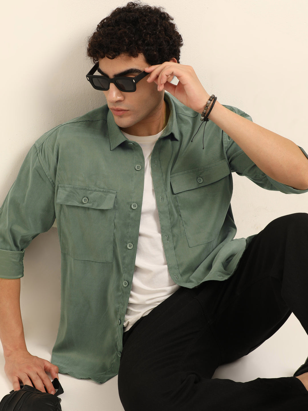 Sage Green Oversize Solid Shackets Shackets Bushirt