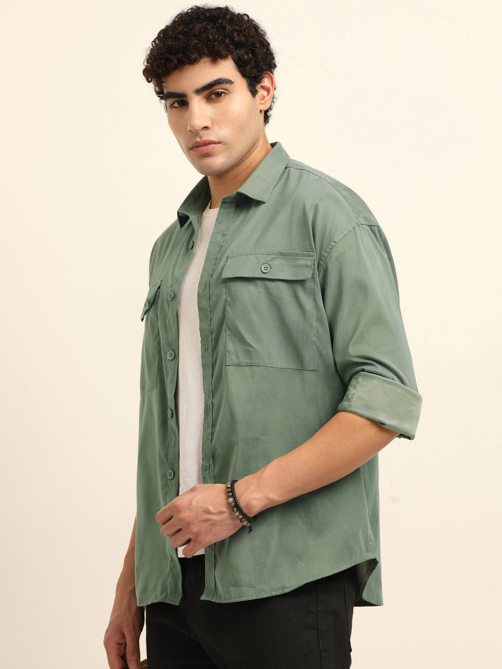 Sage Green Oversize Solid Shackets Shackets Bushirt