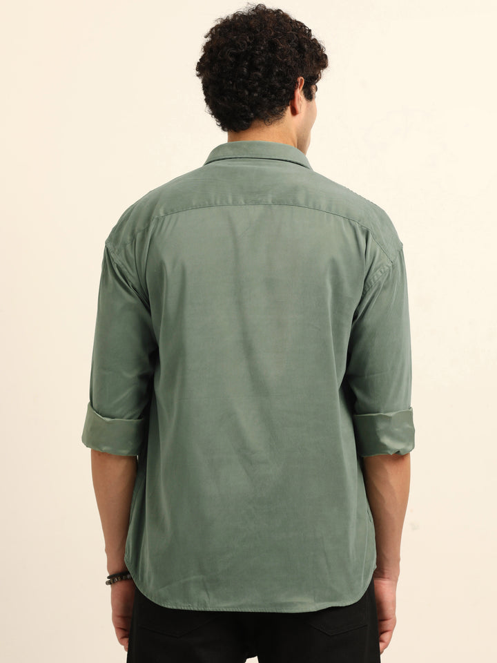 Sage Green Oversize Solid Shackets Shackets Bushirt