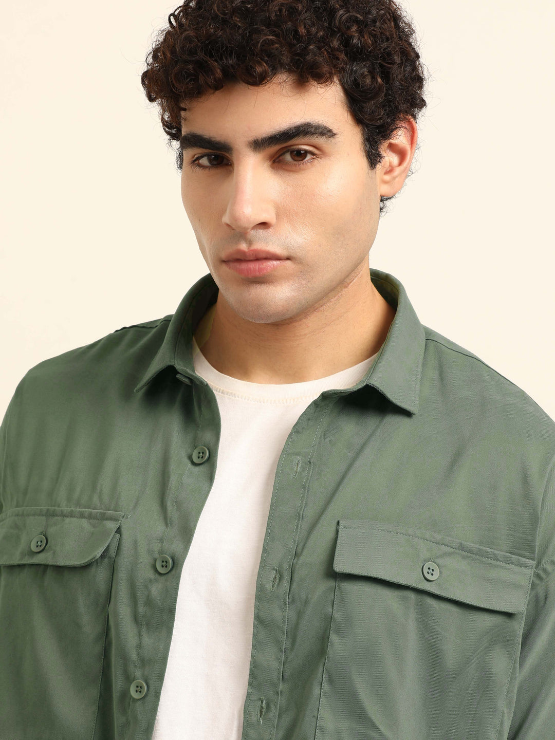 Sage Green Oversize Solid Shackets Shackets Bushirt