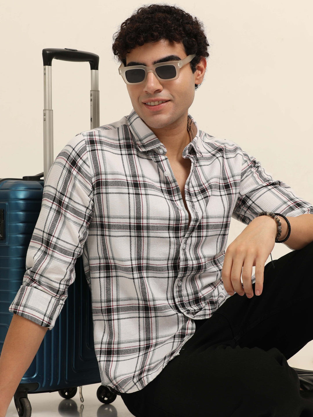 White Regular Fit Check Shirt Checks Shirt Bushirt