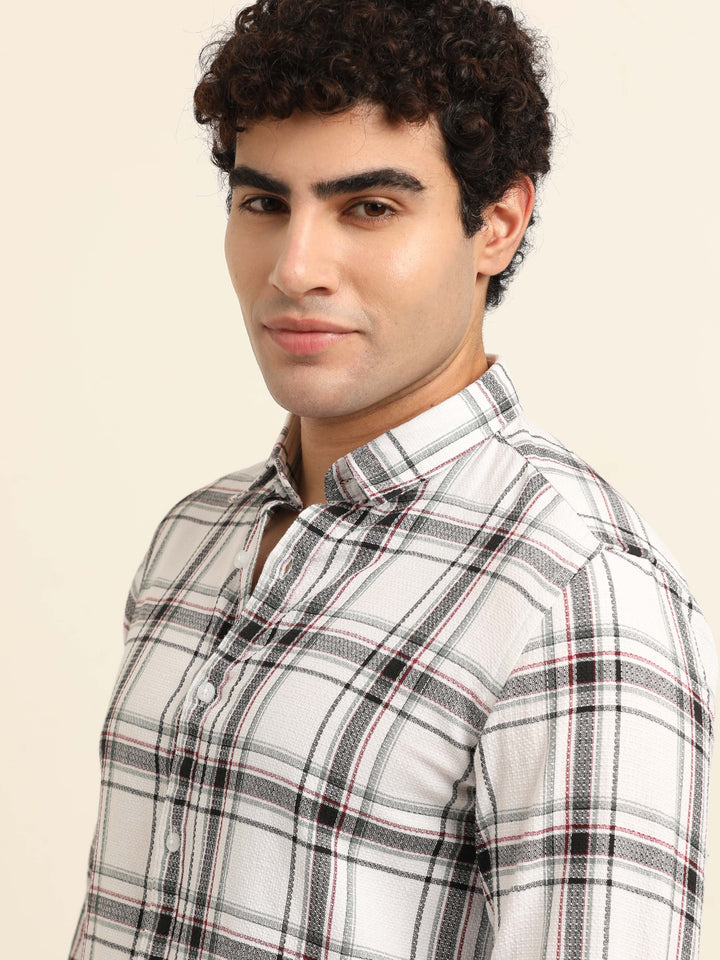 White Regular Fit Check Shirt Checks Shirt Bushirt