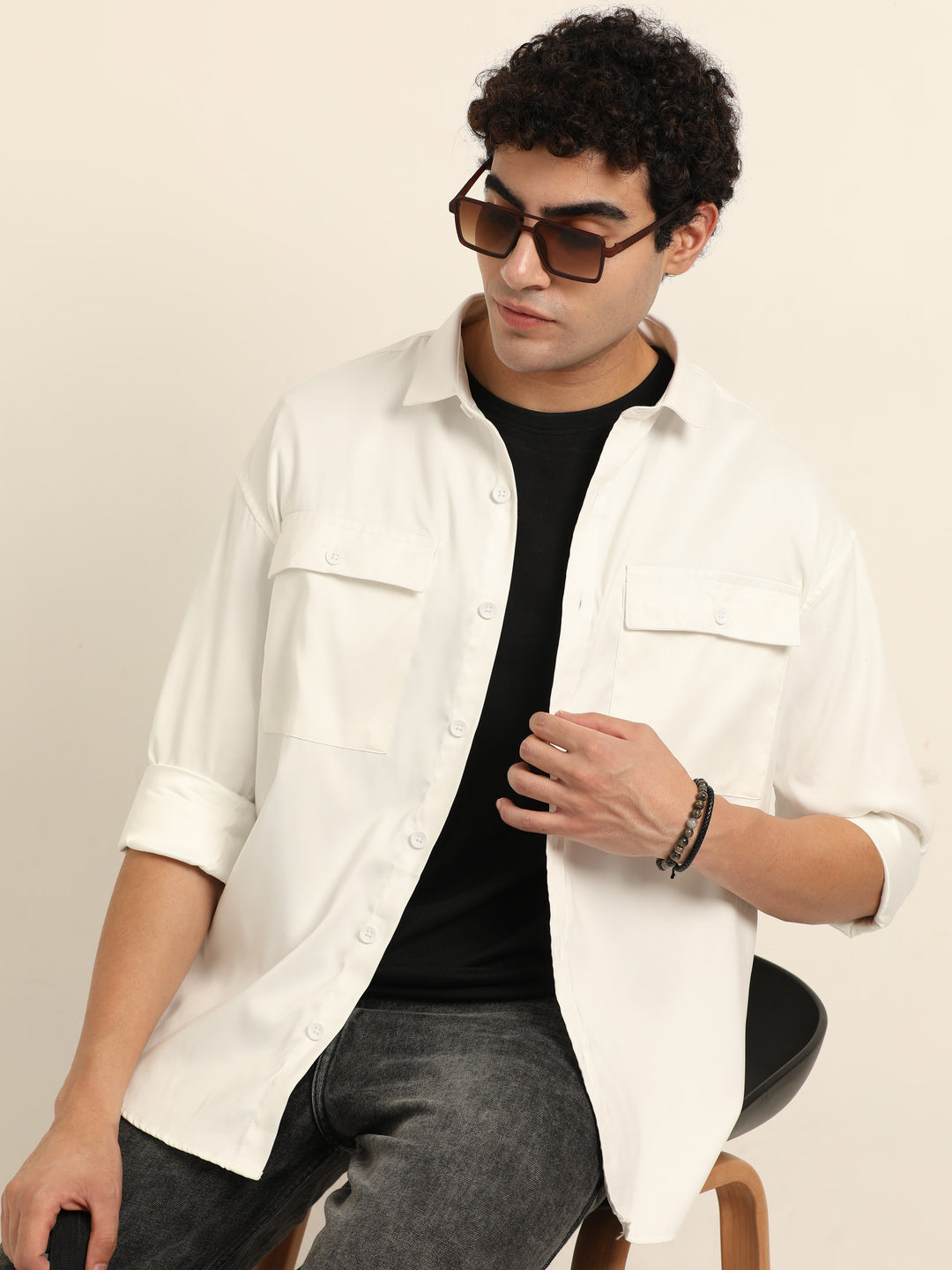 Pearl White Oversize Solid Shackets Shackets Bushirt