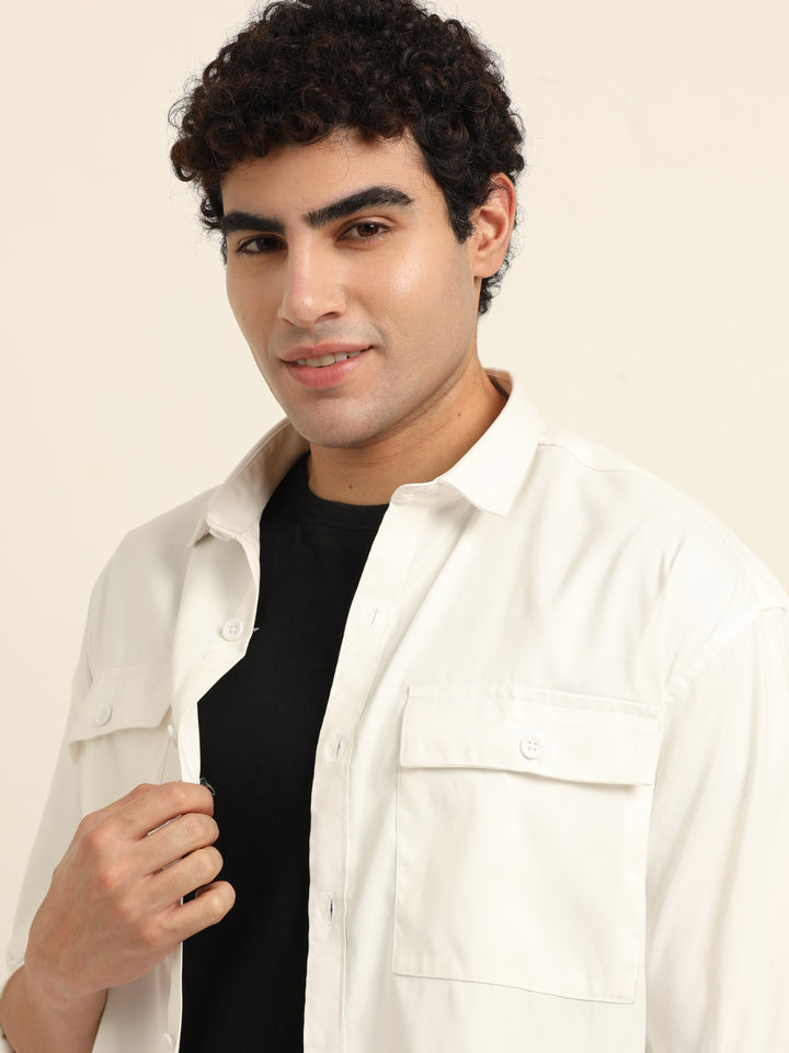 Pearl White Oversize Solid Shackets Shackets Bushirt