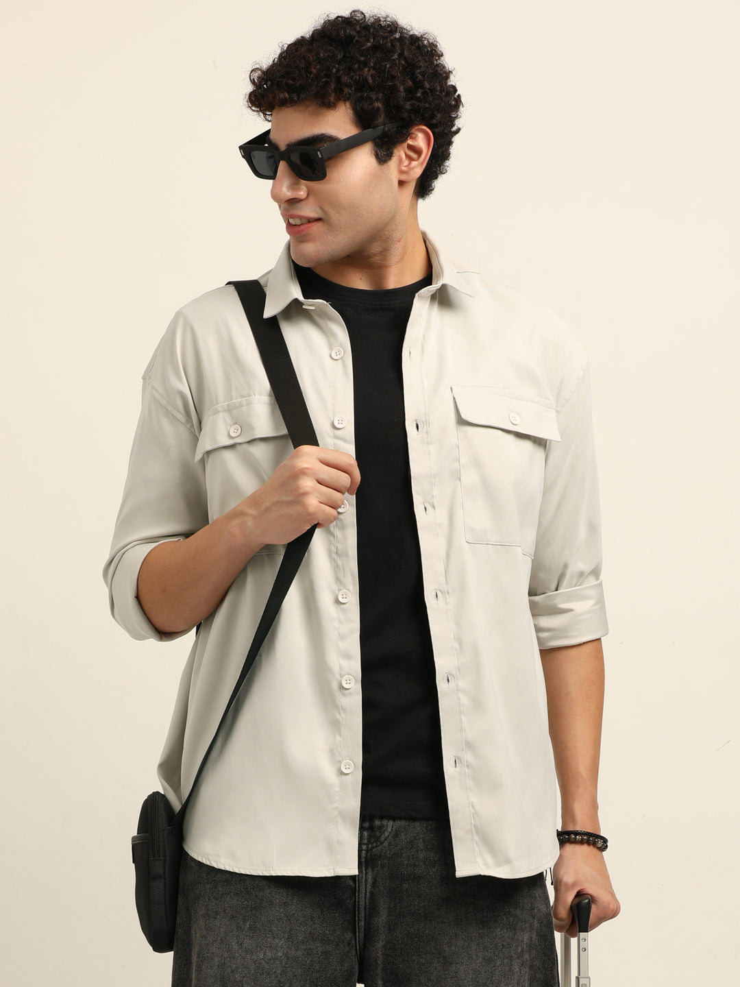 Cream Oversize Solid Shackets Shackets Bushirt