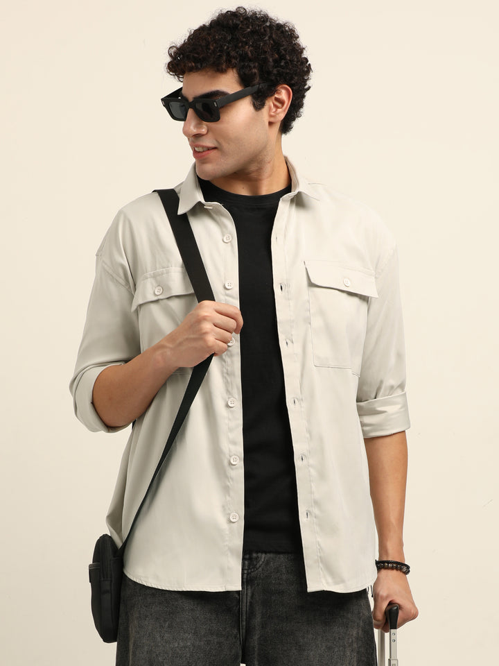 Cream Oversize Solid Shackets Shackets Bushirt